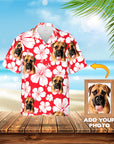 Custom red Hawaiian shirt with white hibiscus flowers and personalized Mastiff dog portraits.