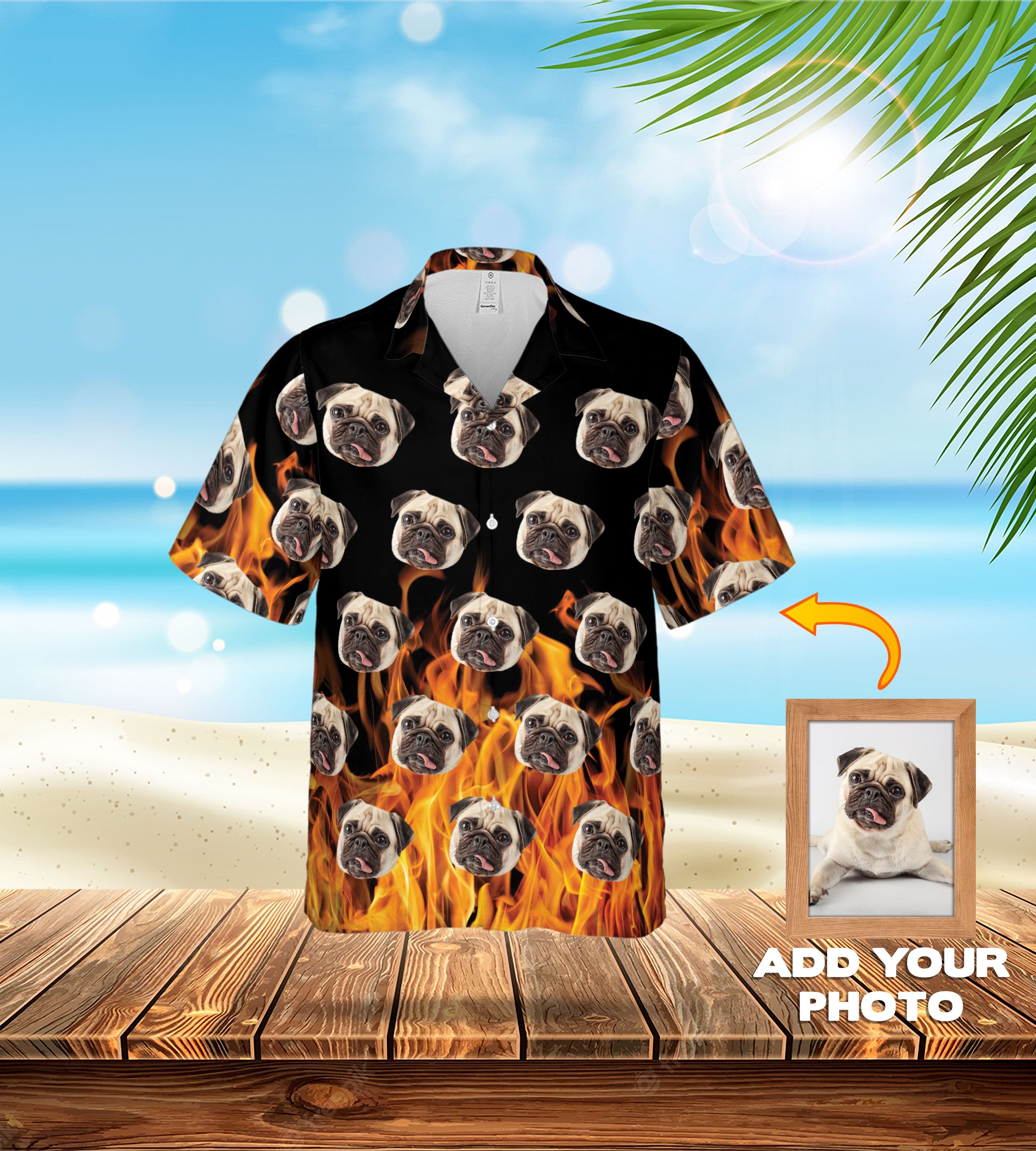 Custom Hawaiian shirt with multiple pug portraits on a flaming orange and black background.