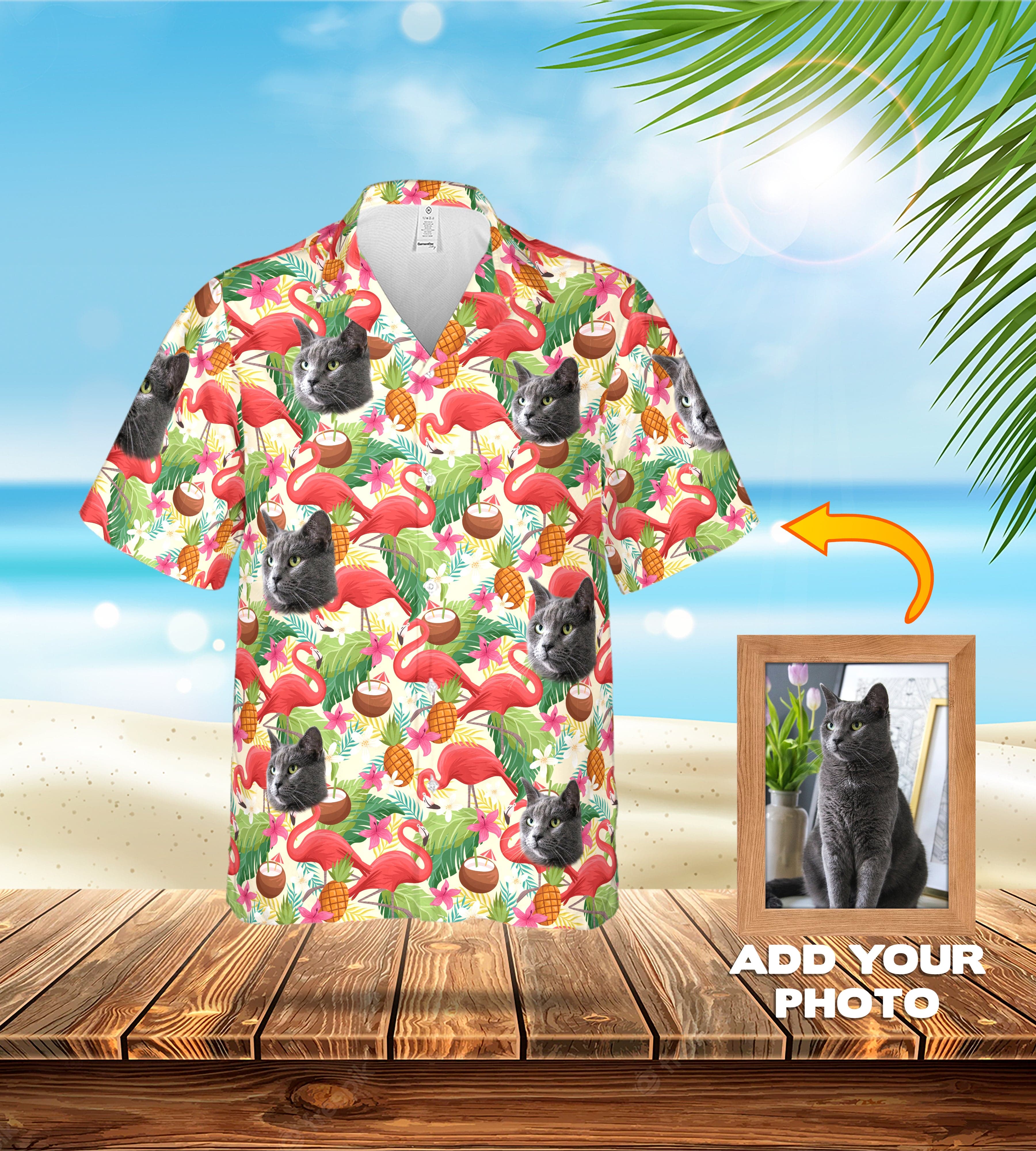 Custom Hawaiian shirt with a flamingo and pineapple pattern featuring multiple gray cat portraits.