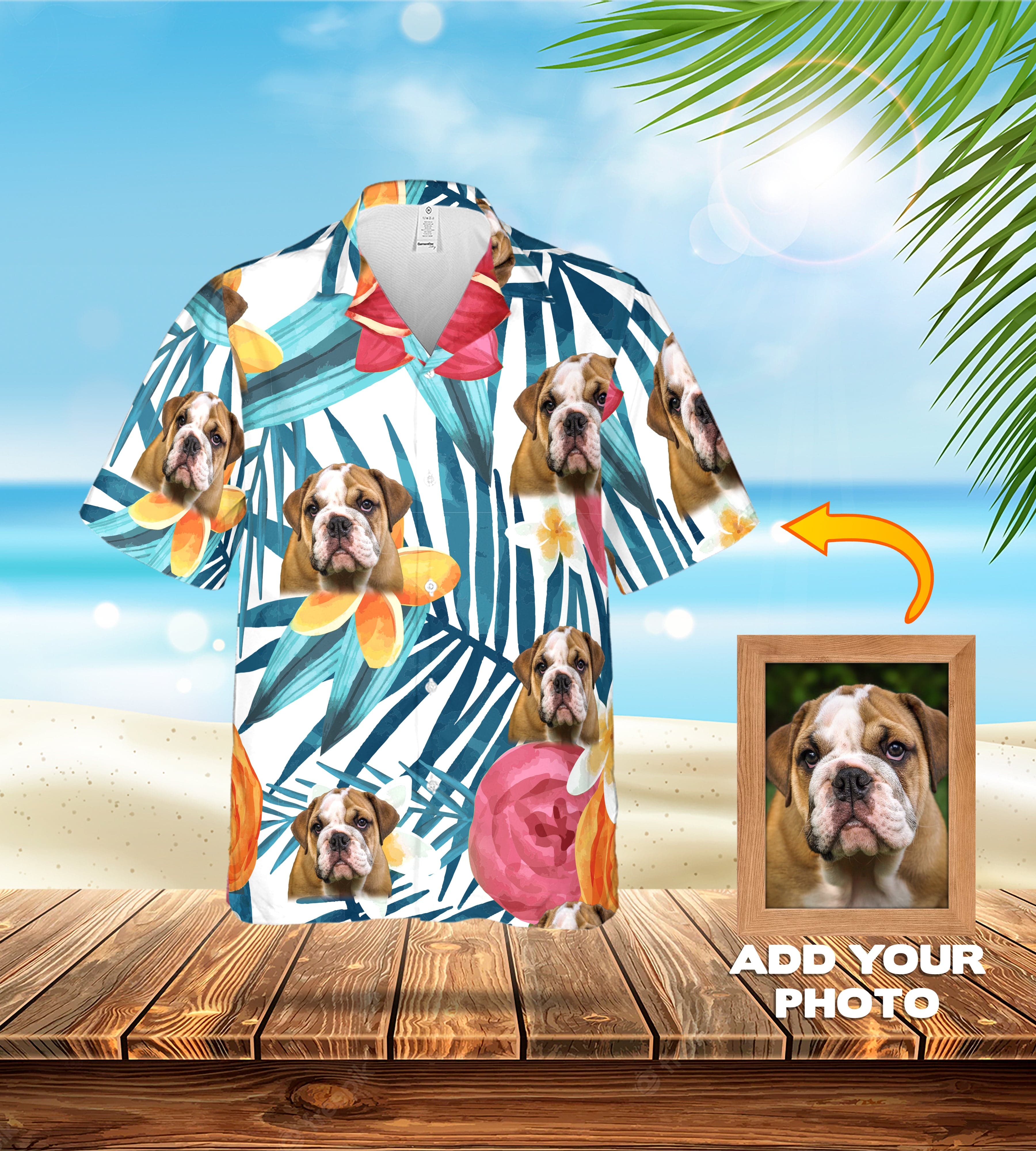 Custom Hawaiian shirt with multiple bulldog pet portraits on a floral white background.