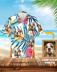 Custom Hawaiian shirt with multiple bulldog pet portraits on a floral white background.