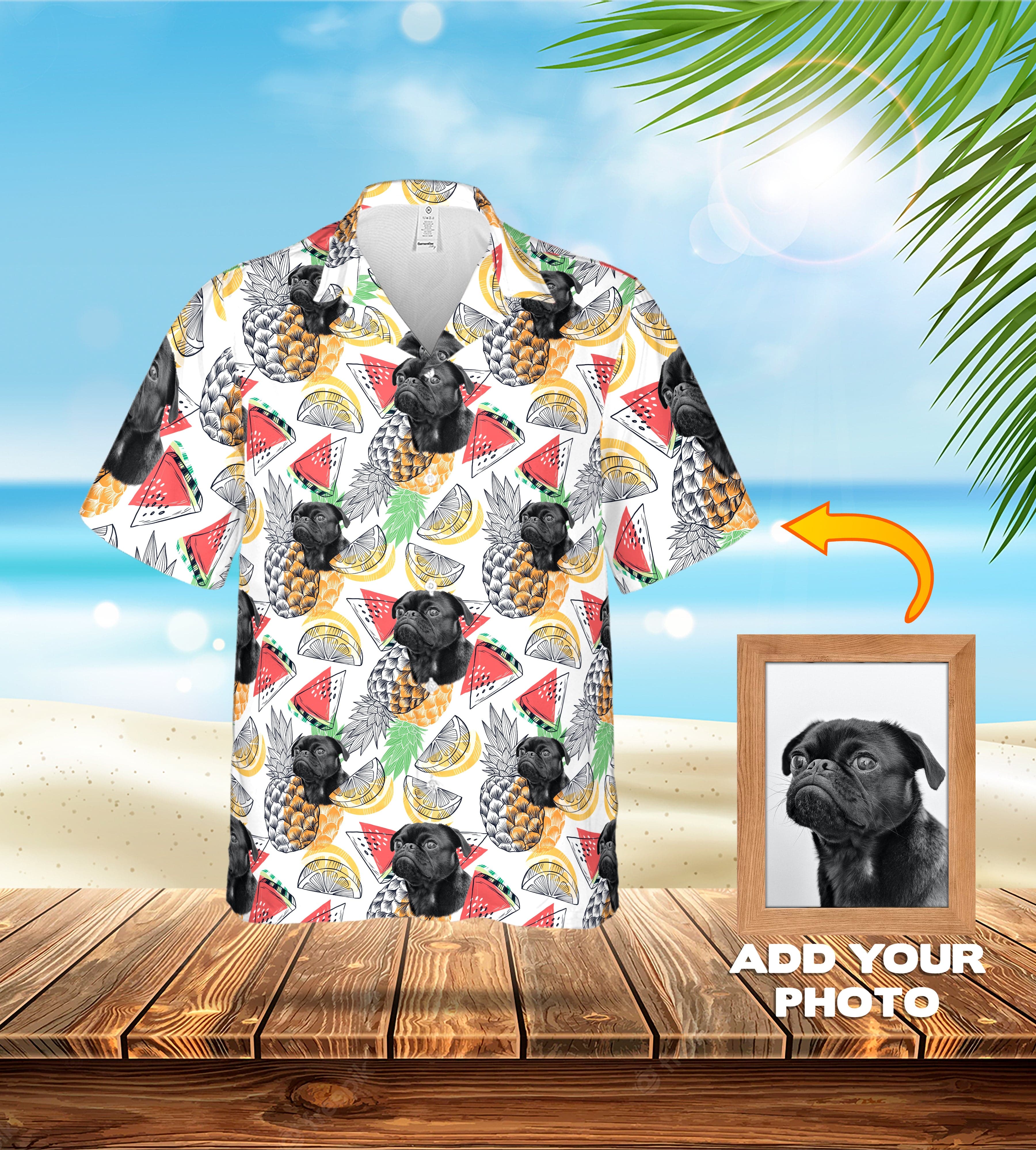 Custom Hawaiian shirt with black pug pet portraits, pineapples, watermelons, and lemons on white fabric.