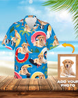 Custom Gala Blue Hawaiian shirt with personalized Golden Retriever pet portraits and beach graphics.