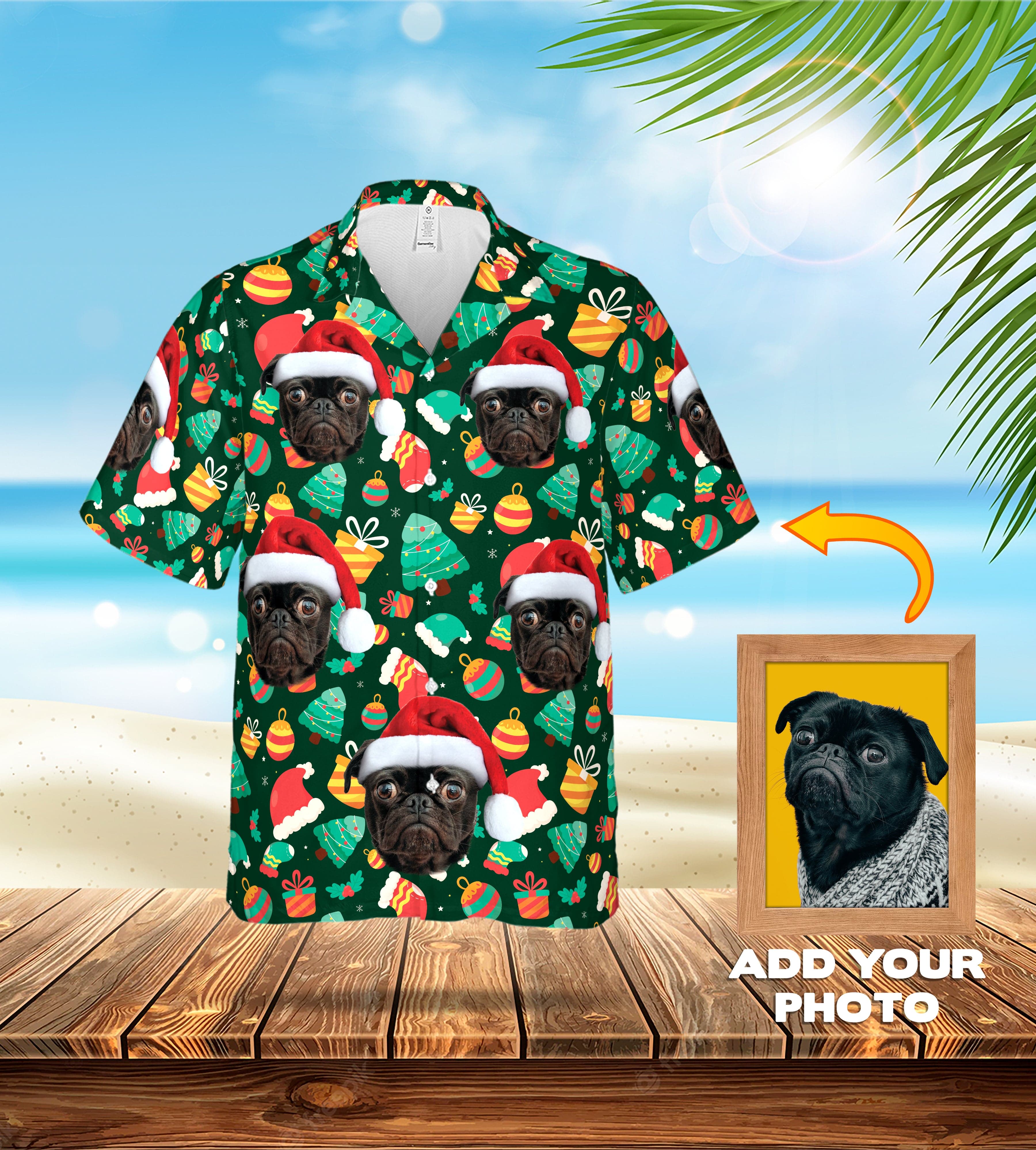 Custom green Christmas Hawaiian shirt with pug pet portraits wearing Santa hats.