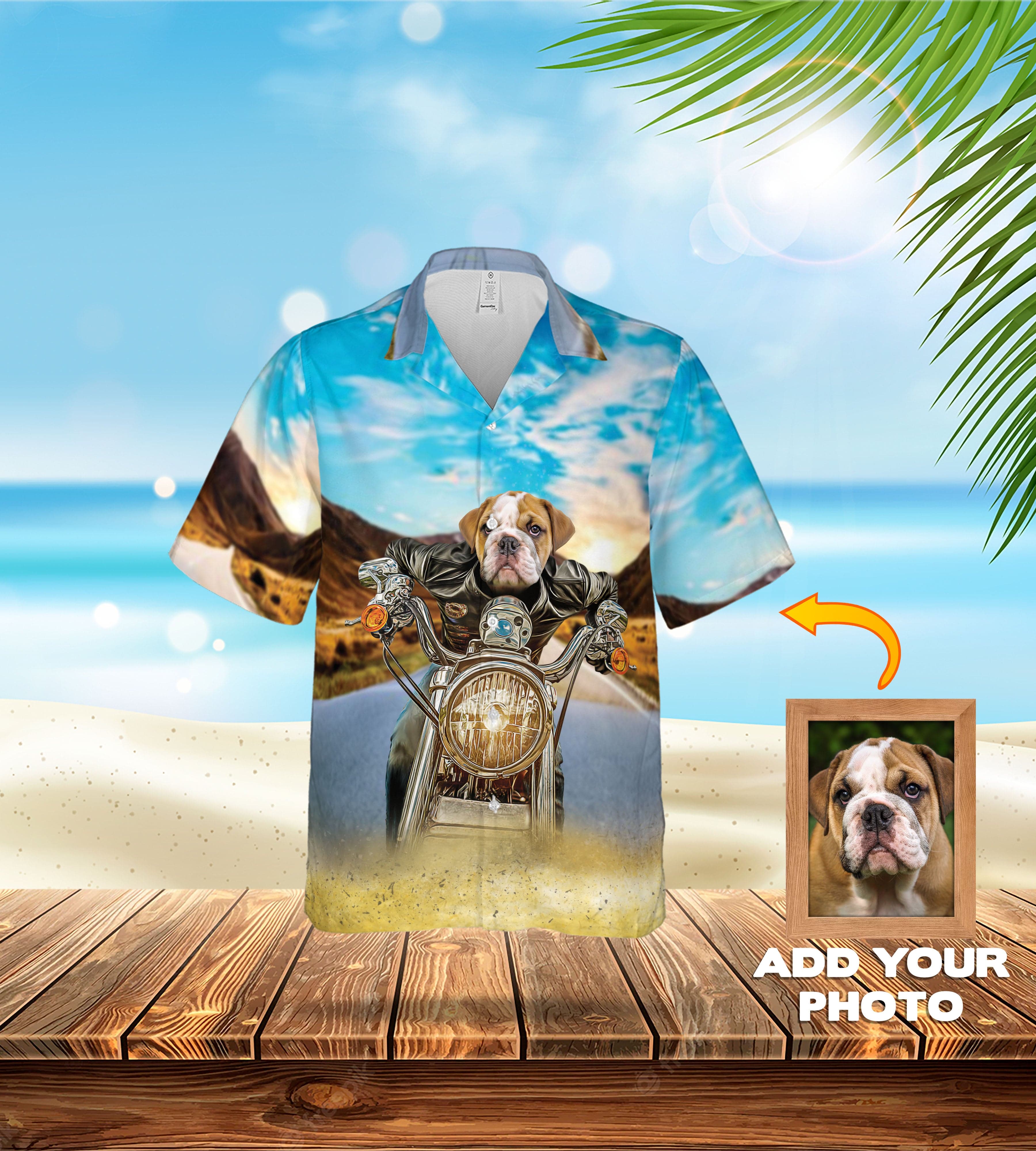 Custom Hawaiian shirt with a bulldog riding a motorcycle, shown on a beach background.