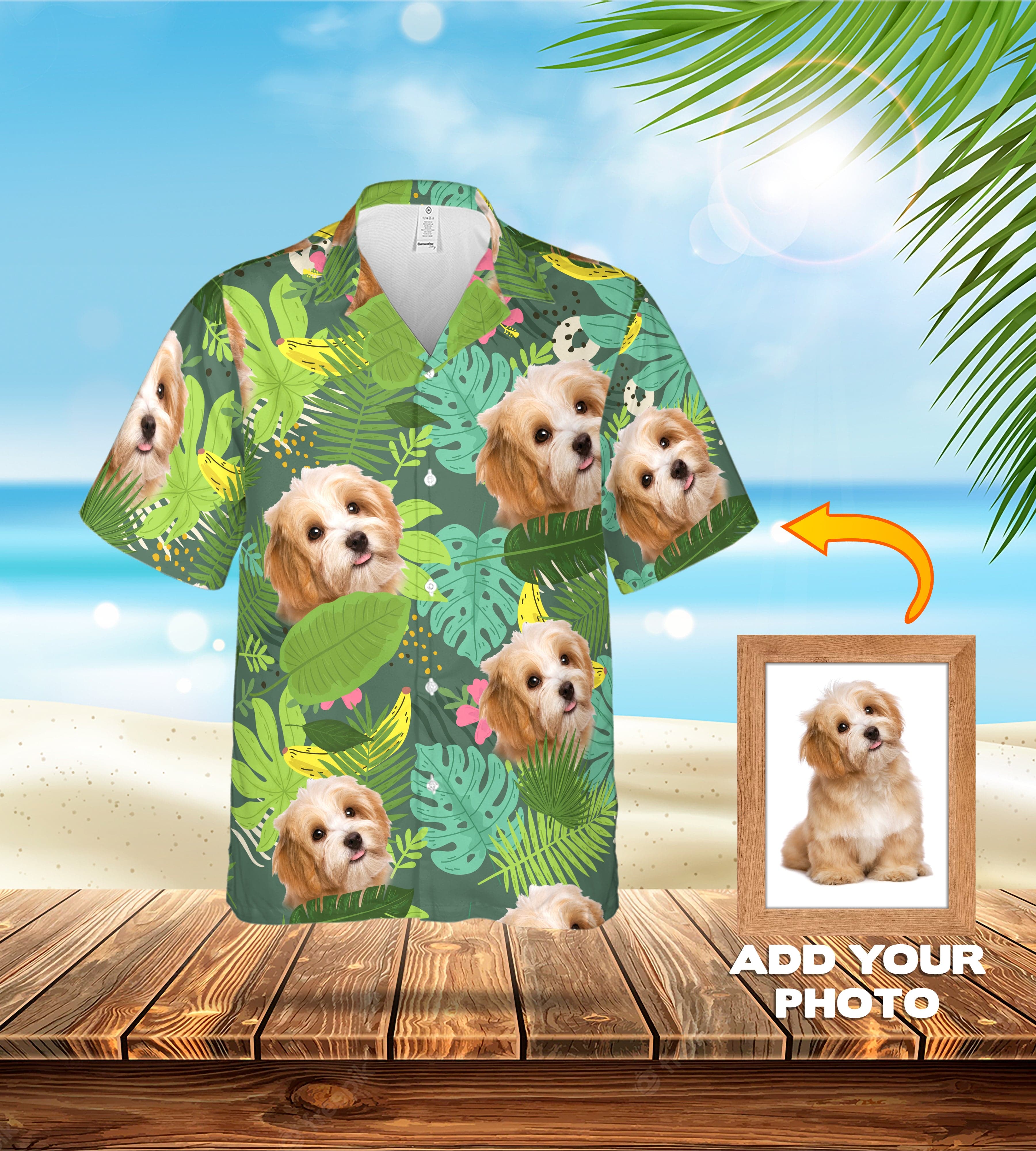 Custom Hawaiian shirt with leafy green tropical print and personalized dog portraits.