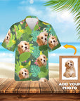 Custom Hawaiian shirt with leafy green tropical print and personalized dog portraits.