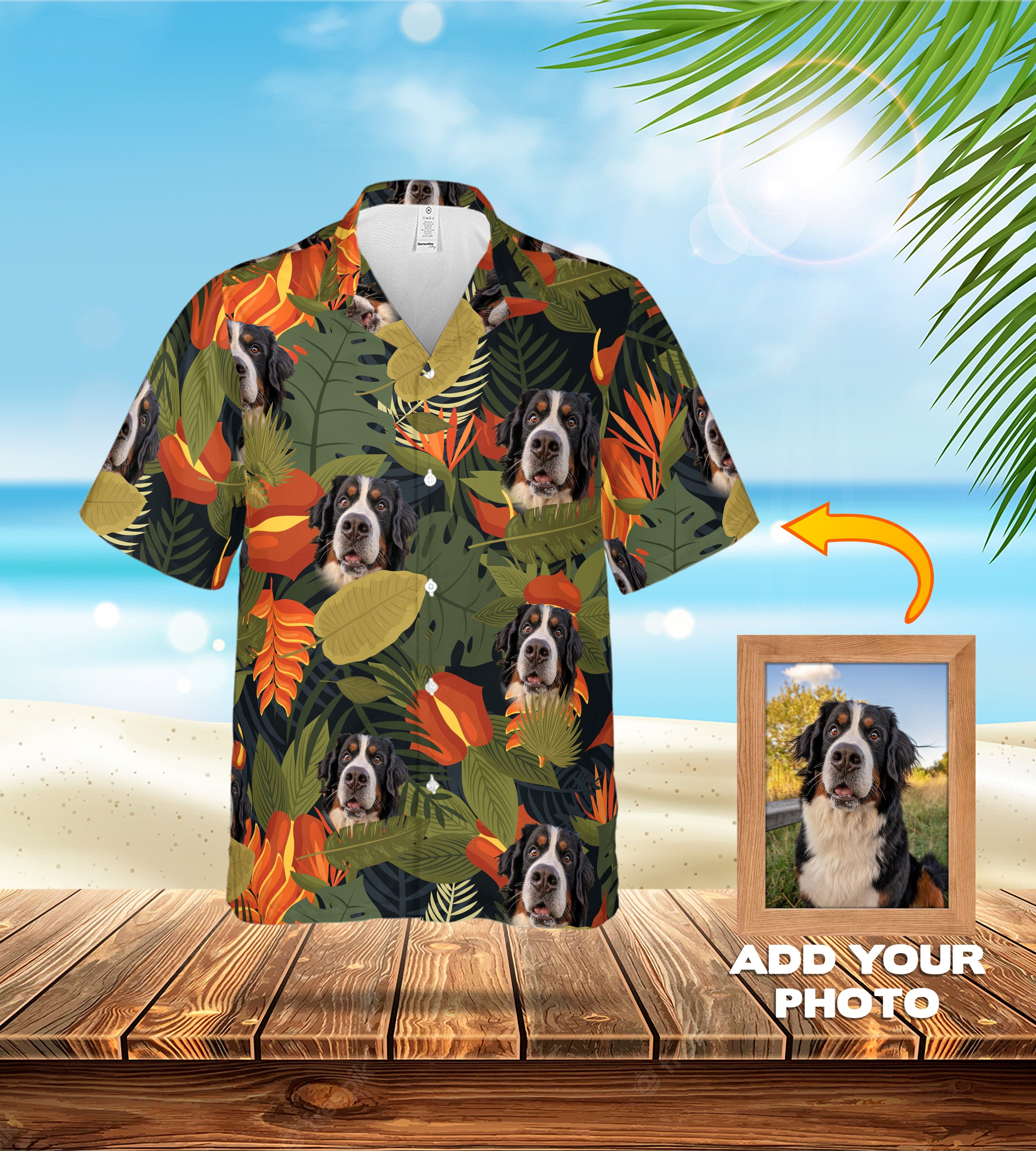 Custom Hawaiian shirt, Lush Moss, with Bernese Mountain Dog pet portraits and tropical leaves.