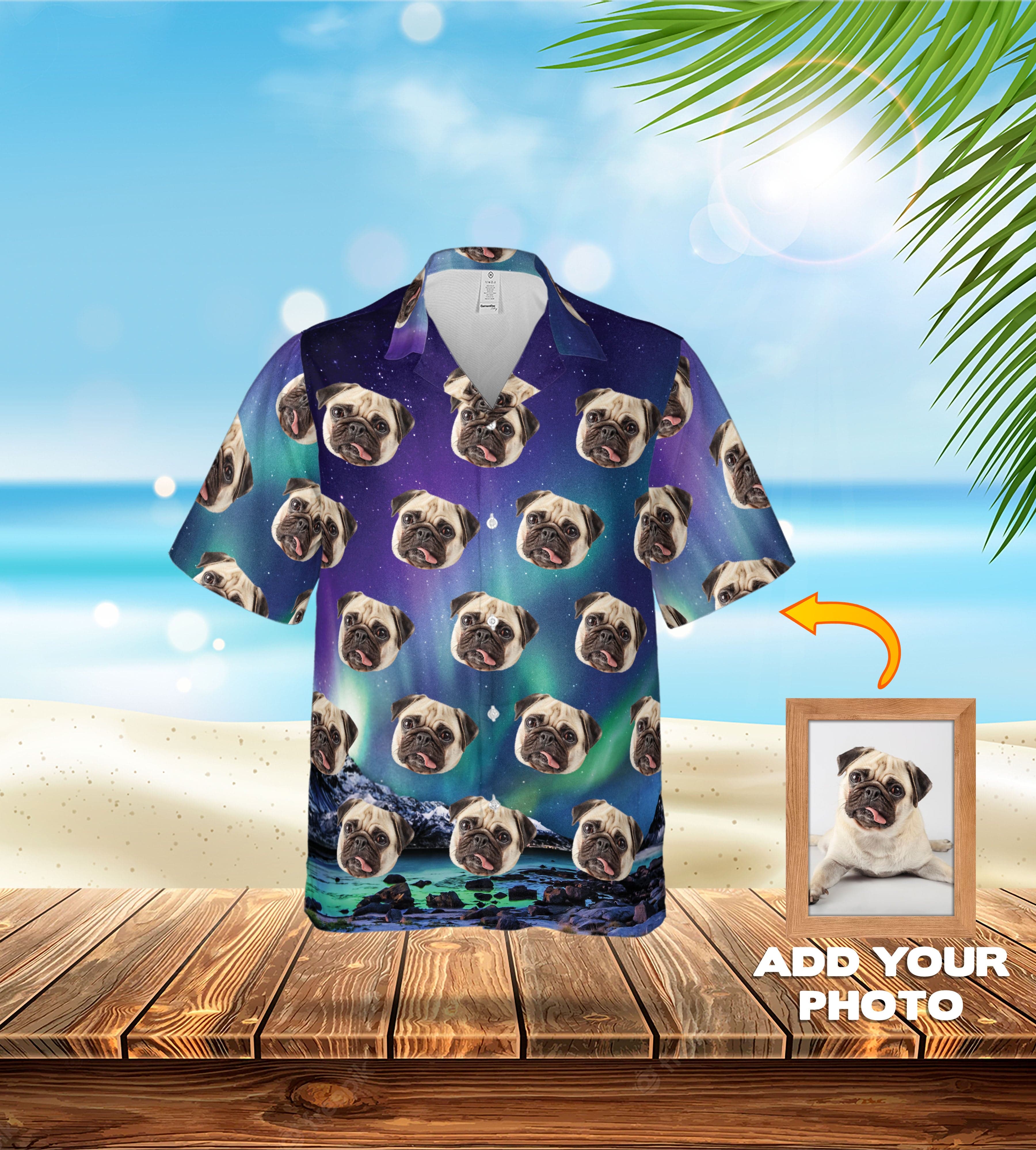 Custom Hawaiian shirt with multiple pug dog portraits on a Northern Lights galaxy background.