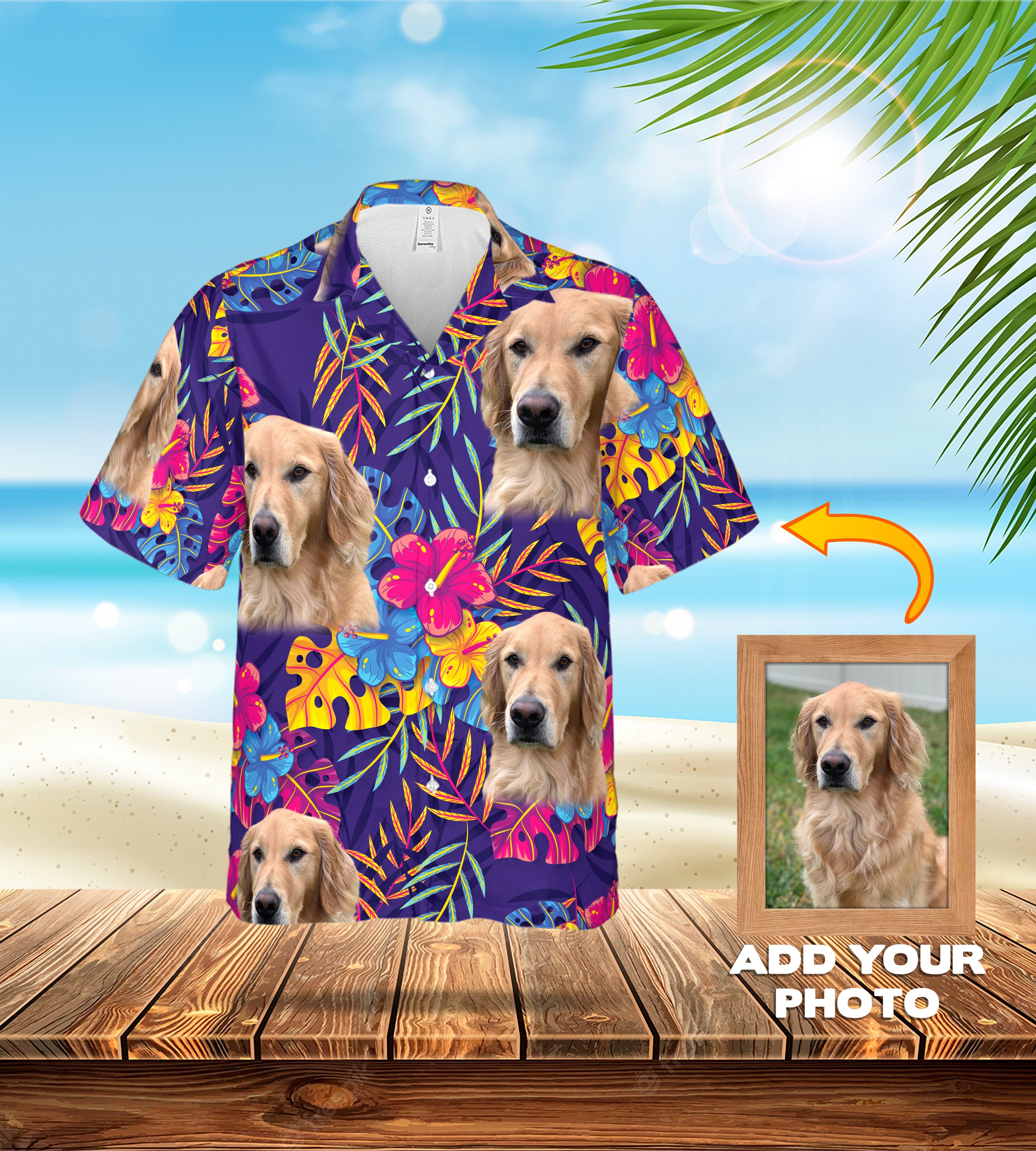Custom Hawaiian shirt with multiple Golden Retriever pet portraits on a purple tropical floral background.