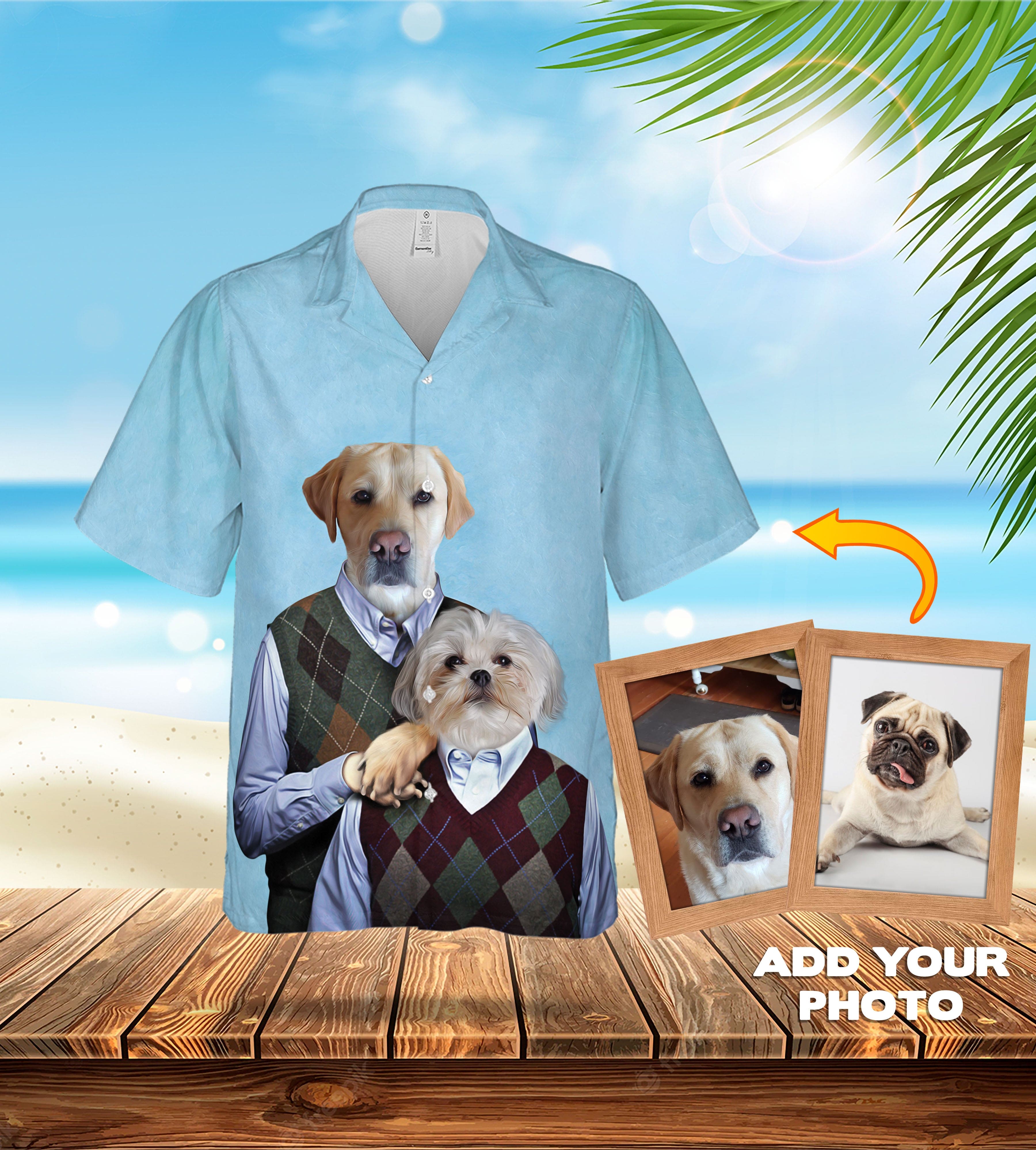 Custom light blue Hawaiian shirt with two dogs in argyle sweaters, beside photo frames for pet uploads.
