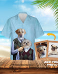 Custom light blue Hawaiian shirt with two dogs in argyle sweaters, beside photo frames for pet uploads.