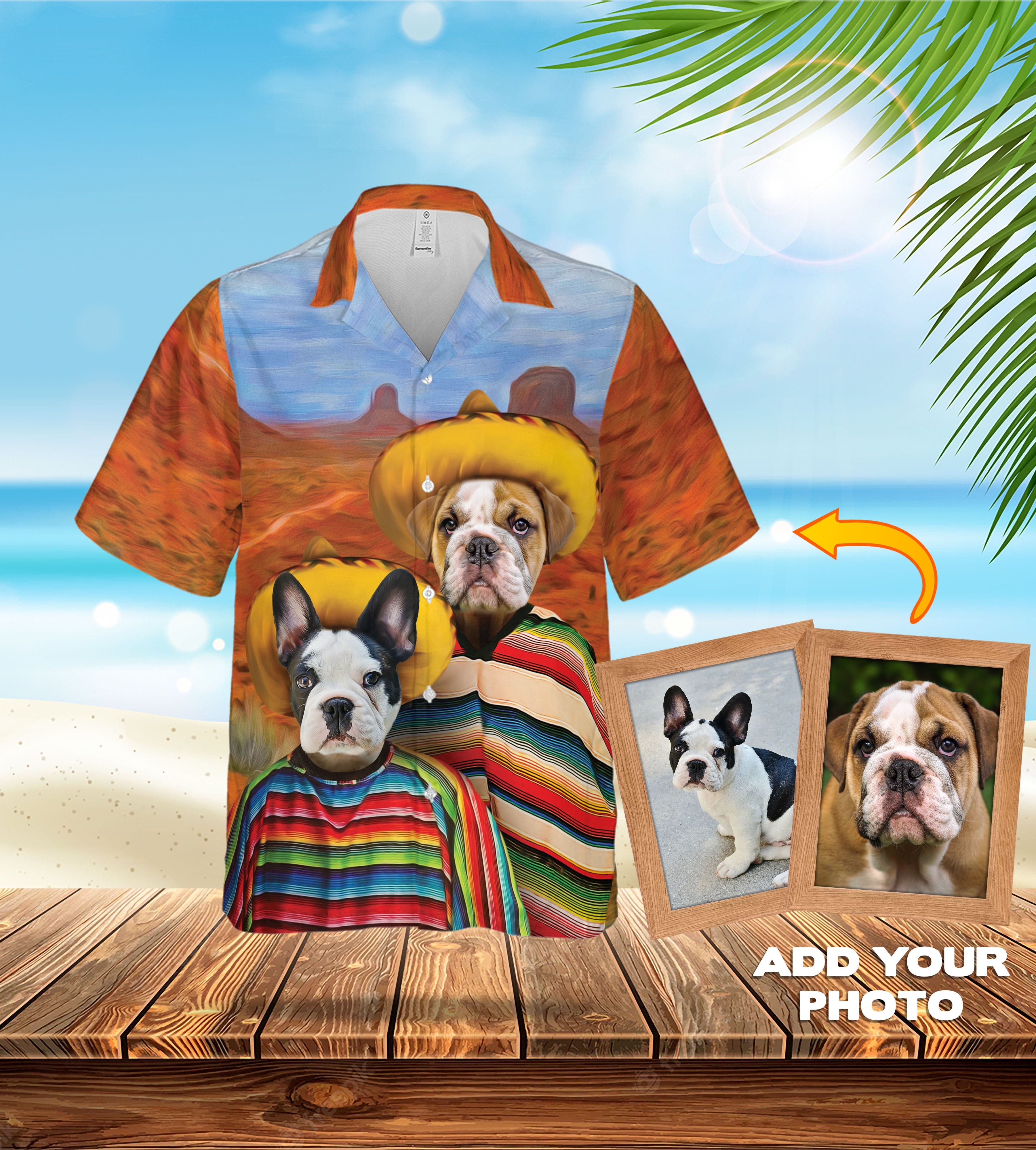 Custom Hawaiian shirt with two bulldog pet portraits in sombreros and ponchos, desert background.