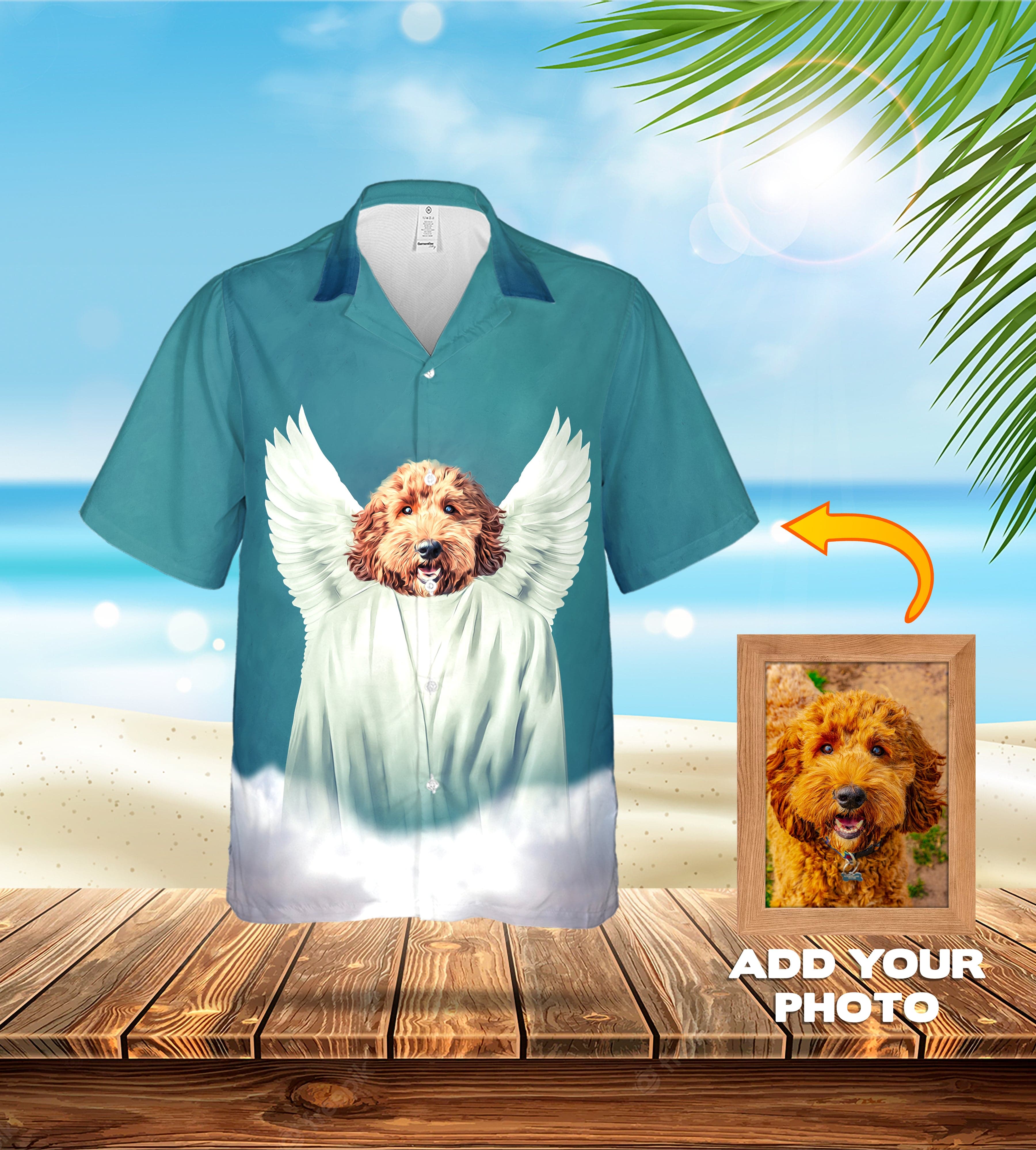 Custom Hawaiian shirt with a personalized pet portrait of a dog as an angel, on a beach background.