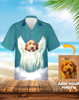 Custom Hawaiian shirt with a personalized pet portrait of a dog as an angel, on a beach background.