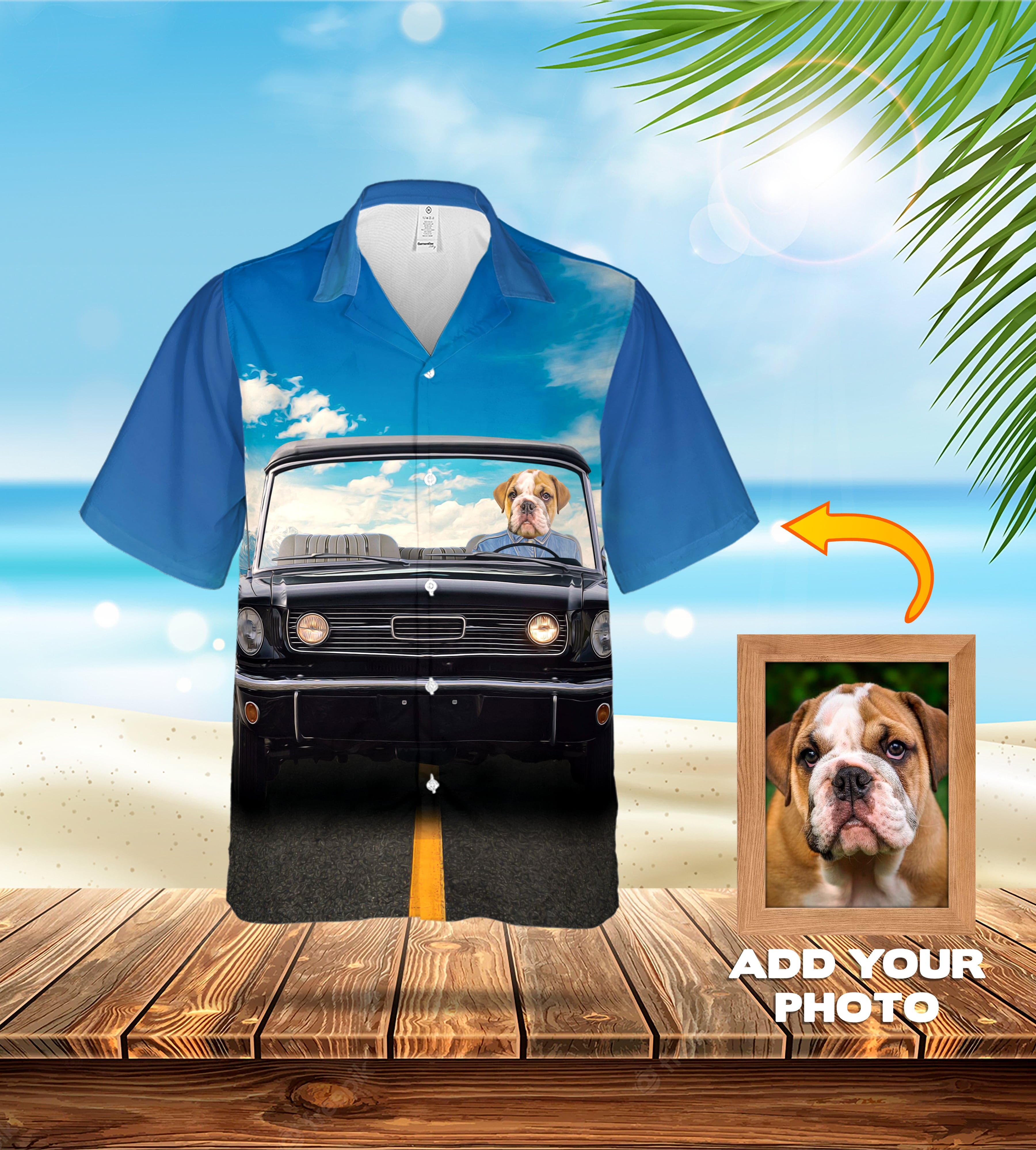 Custom Hawaiian shirt with a bulldog driving a classic car, blue sky background.