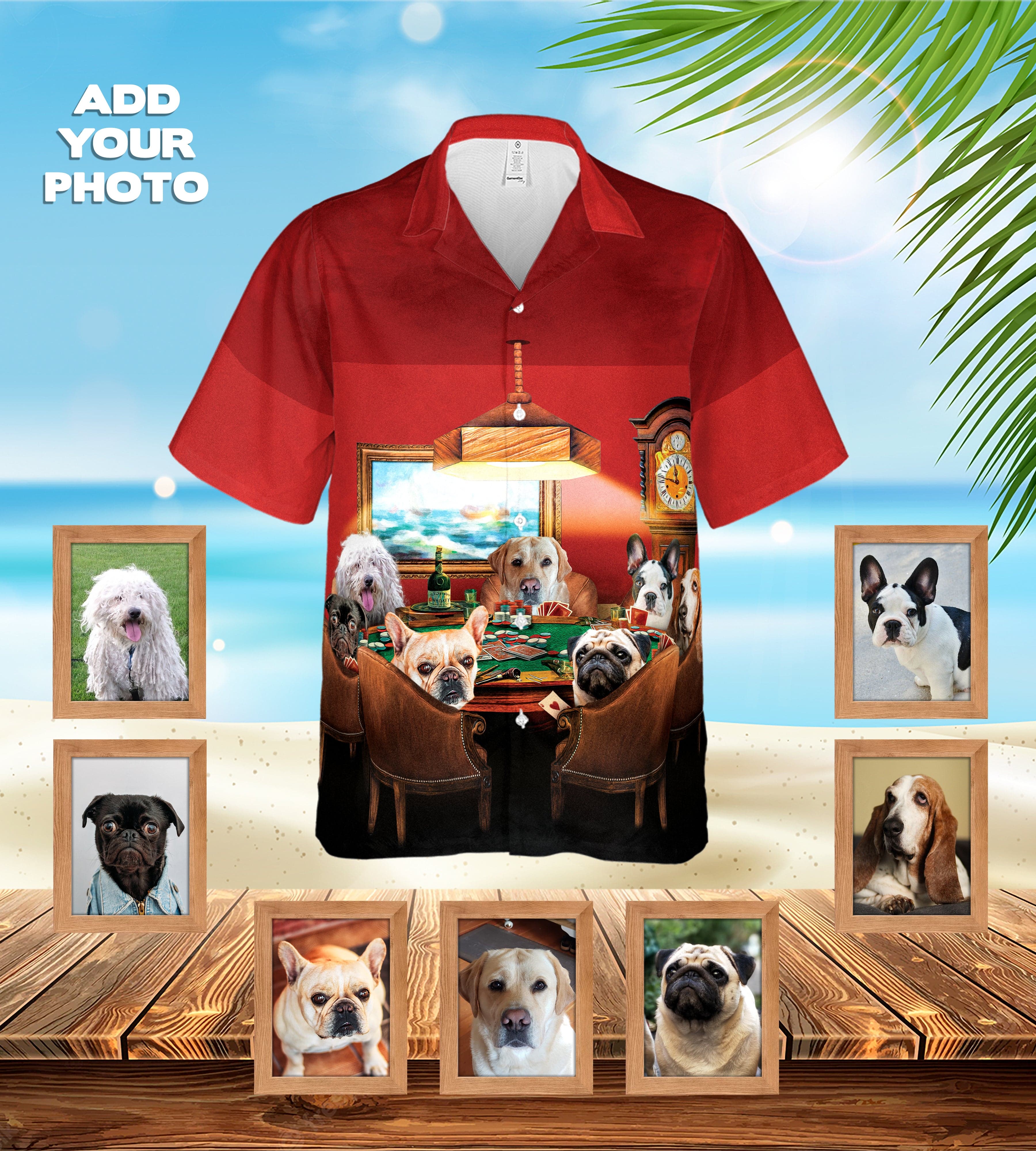 Custom red Hawaiian shirt with "The Poker Players" dog portrait design.