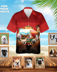 Custom red Hawaiian shirt with "The Poker Players" dog portrait design.