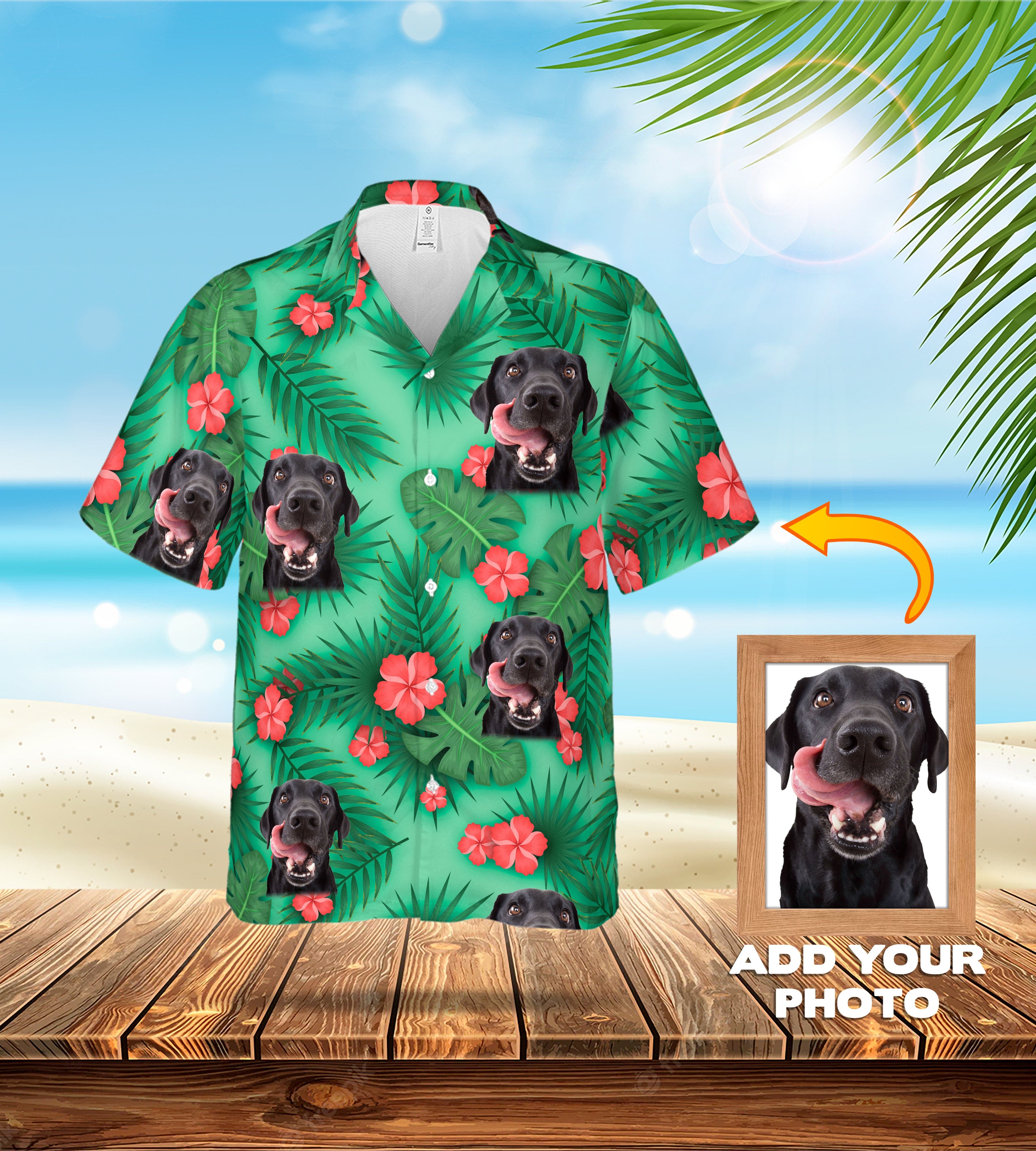 Custom Trident Green Hawaiian shirt with black Labrador dog portraits and red hibiscus flowers.