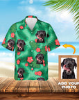 Custom Trident Green Hawaiian shirt with black Labrador dog portraits and red hibiscus flowers.