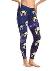 Custom leggings featuring bulldog faces on a vibrant purple "Doggos in Space" galaxy background.
