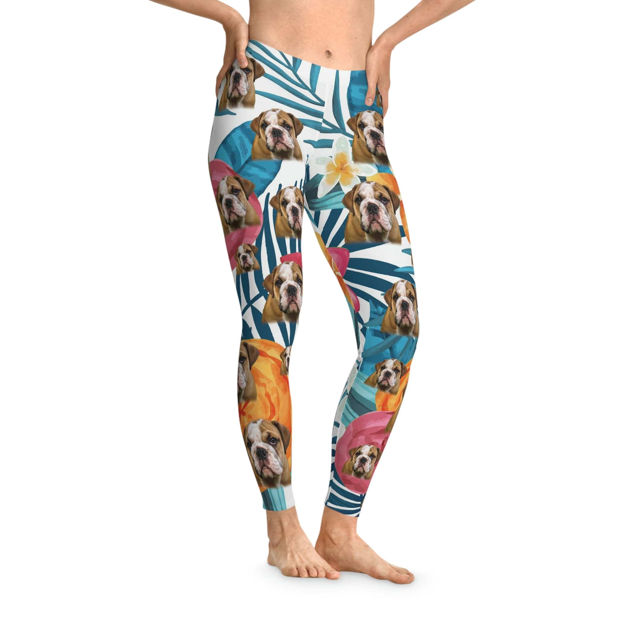 Custom white leggings with a floral blue leaf pattern and multiple bulldog faces.