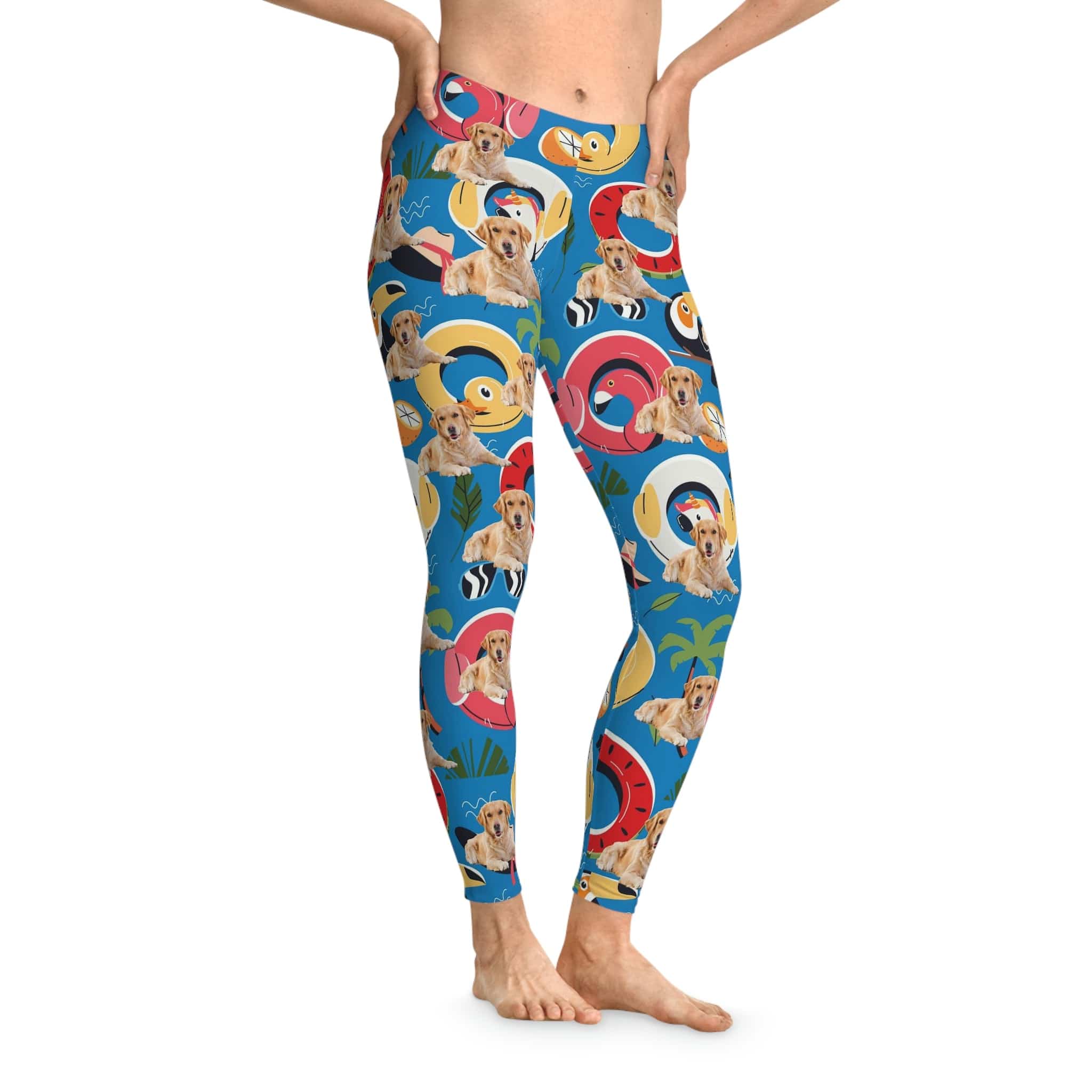 Gala Blue custom leggings with golden retriever dogs in colorful pool floats, ankle length, mid-waist fit.