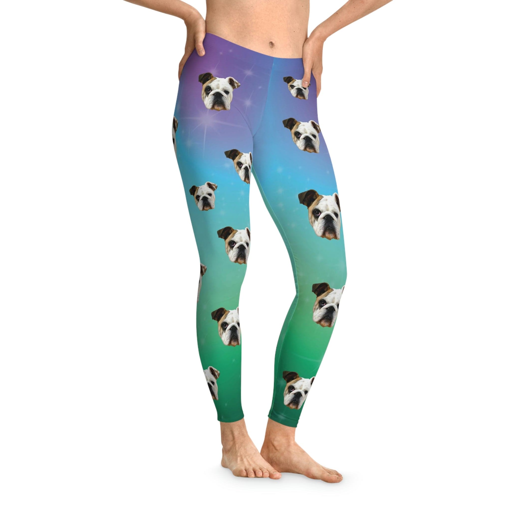 Custom Northern Lights leggings with multiple bulldog faces, mid-waist, ankle-length, vibrant purple to green gradient.
