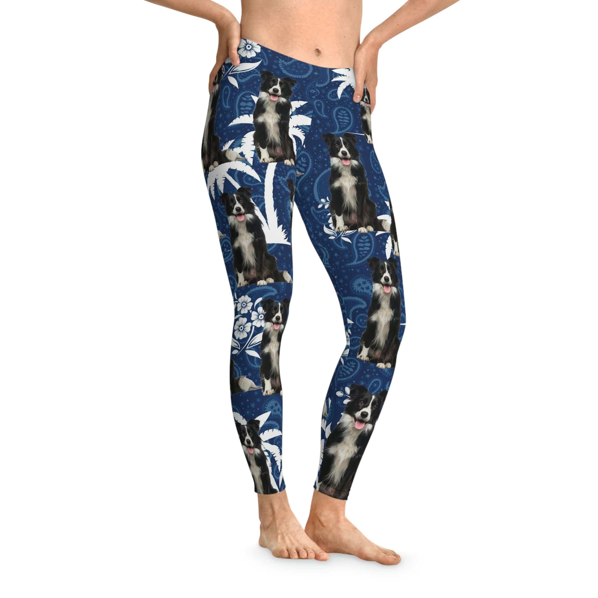 Custom Palm Blue leggings with multiple Border Collie dog faces and white palm tree designs.