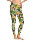 Custom tropical yellow leggings with pug faces, pineapples, bananas, and palm leaves.