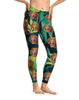 Verdant green custom leggings with multiple brown dog faces and tropical leaves, mid-waist, ankle-length.