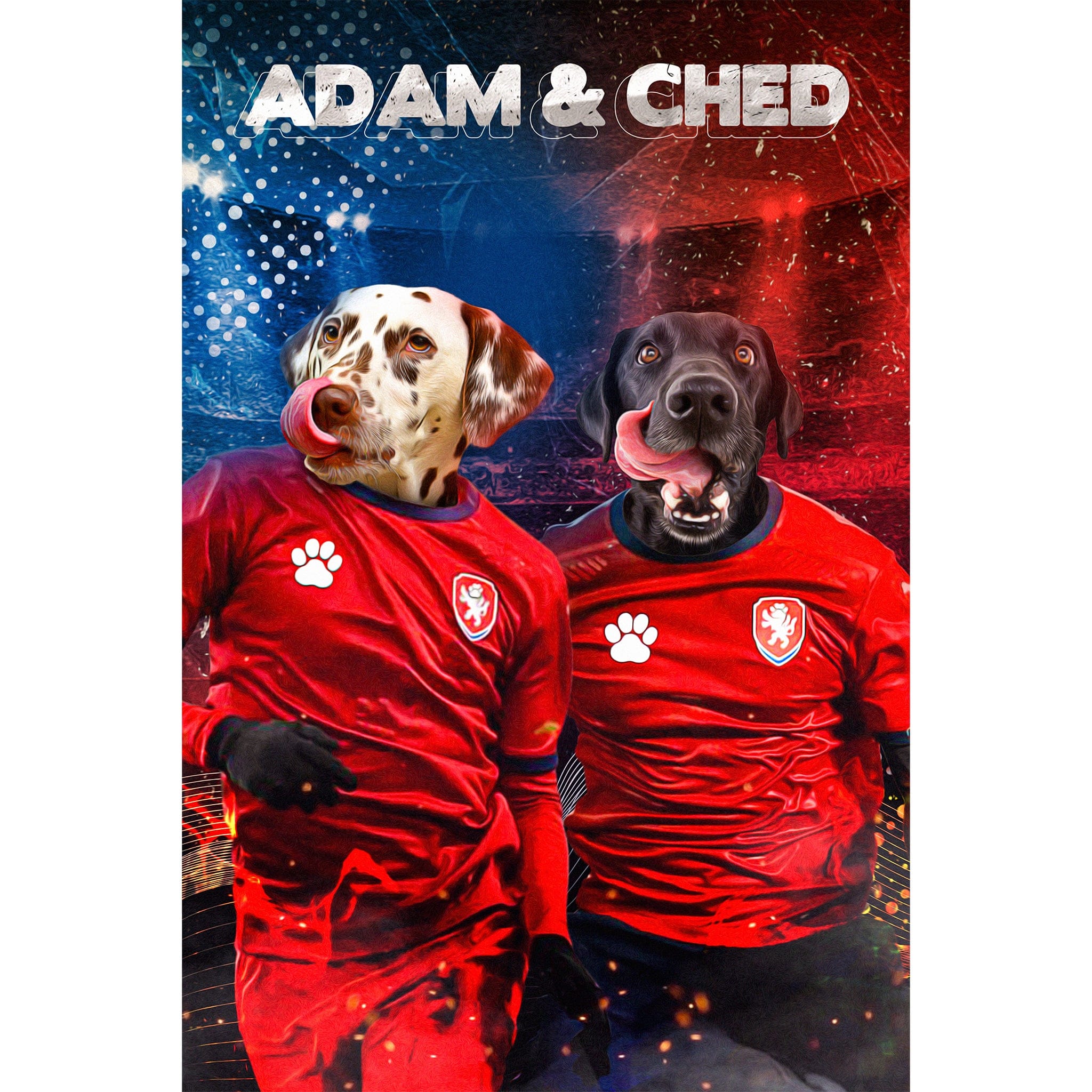 Personalized digital portrait of two dogs in red soccer jerseys, "Adam & Ched" text.