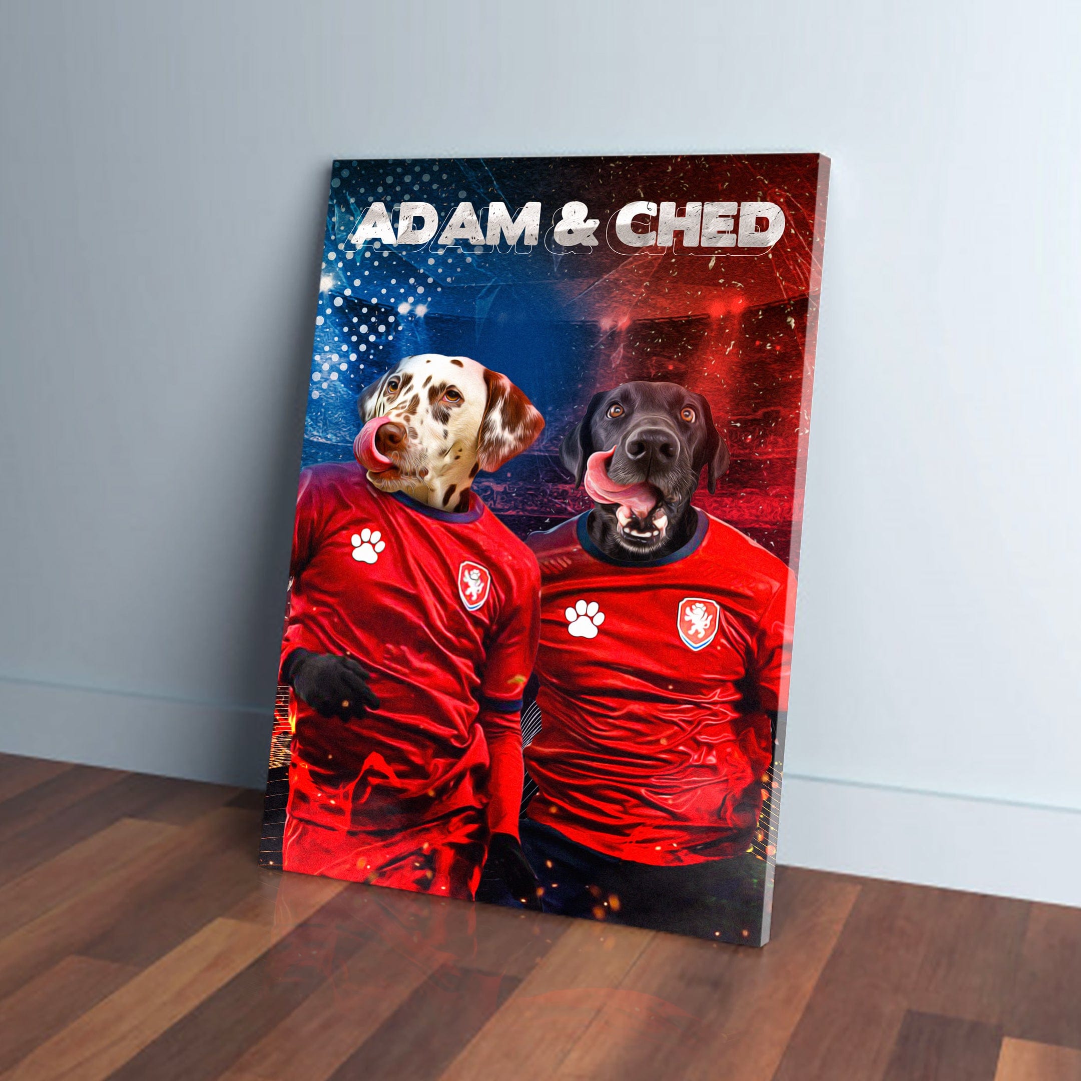 Personalized 'Czech Doggos' canvas featuring two pets in red soccer jerseys with custom names.