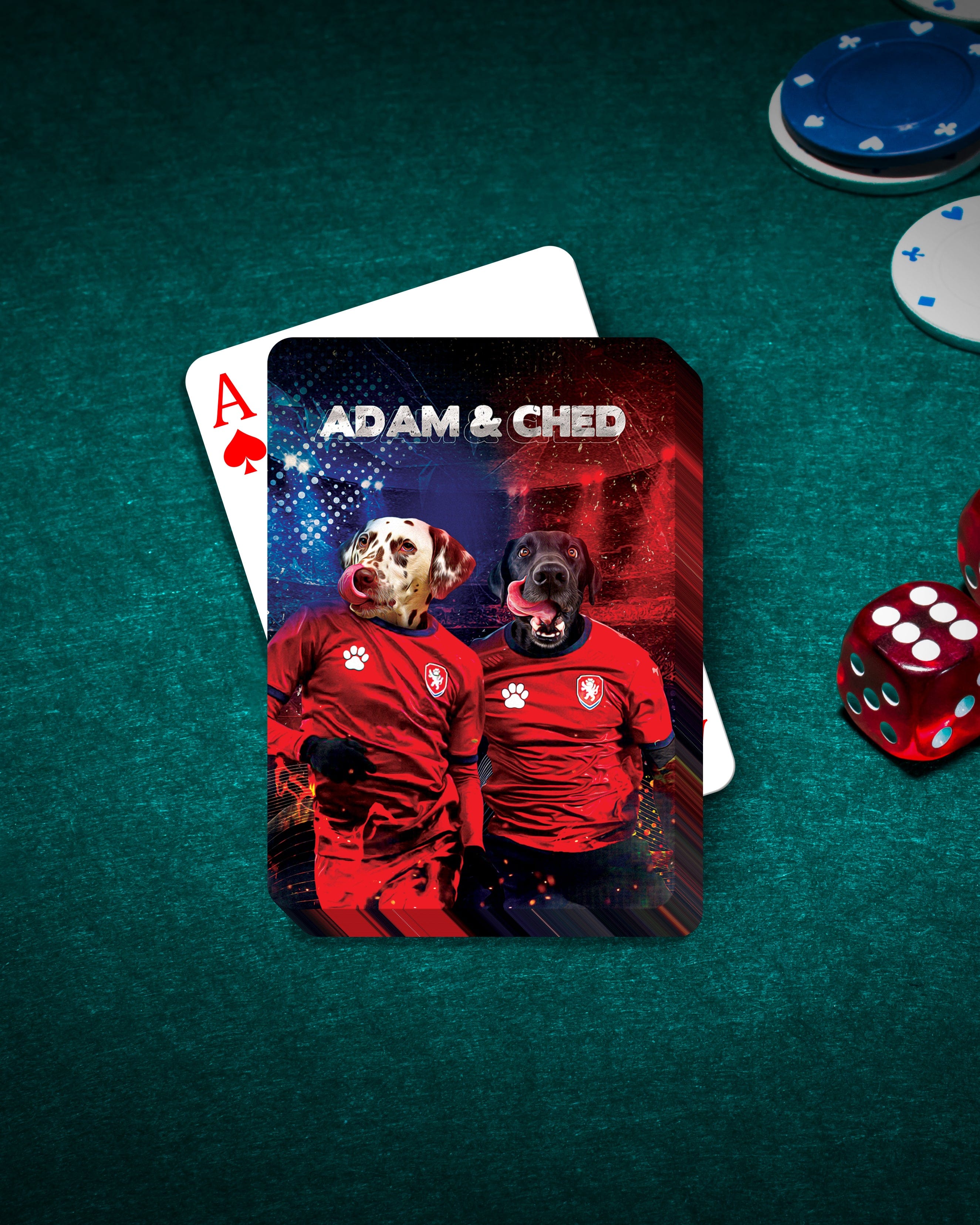 Personalized playing card featuring two dogs in red soccer jerseys, "Adam & Ched" text, on a green poker table.