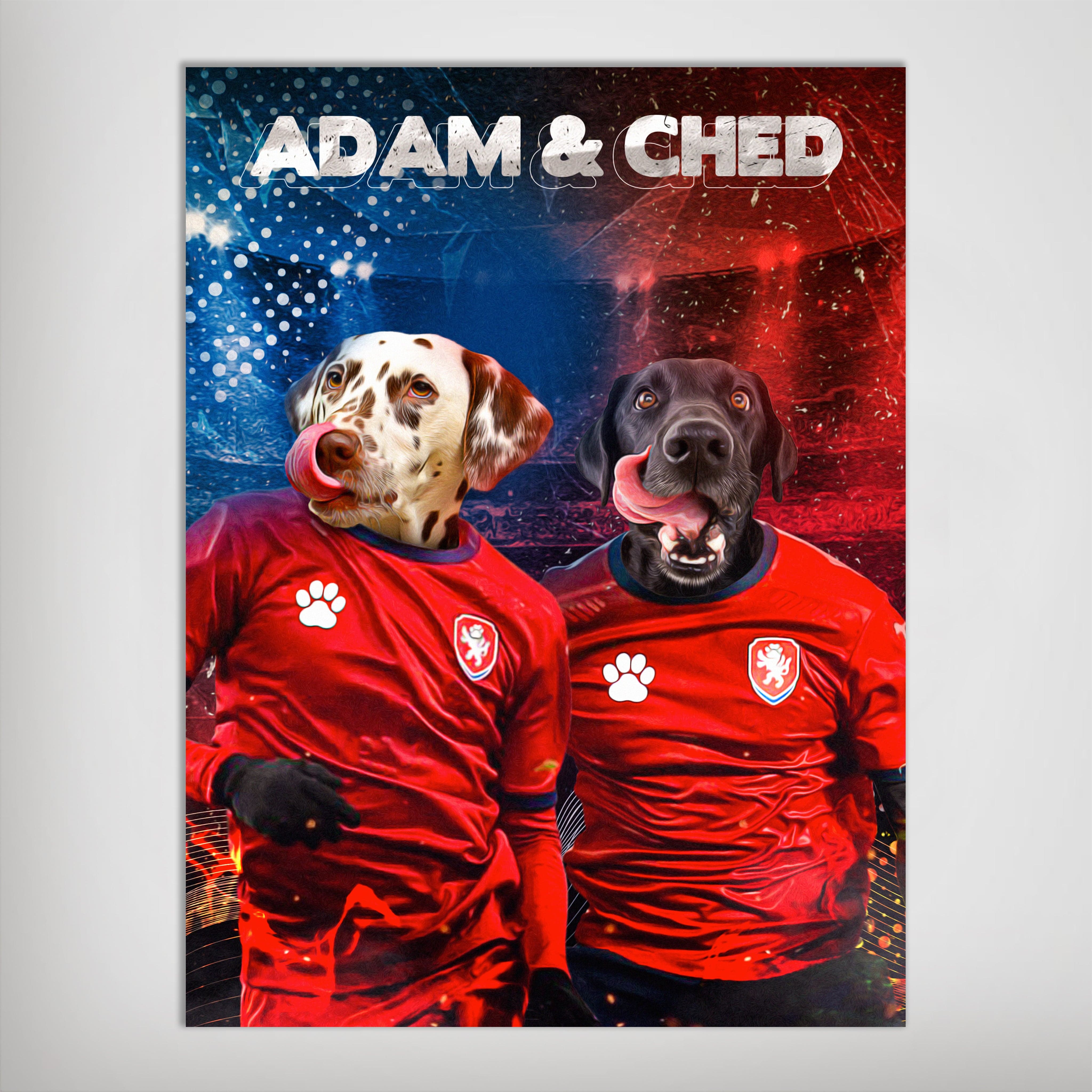 Personalized 'Czech Doggos' poster featuring a Dalmatian and a black Labrador in red soccer jerseys.