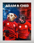 Personalized 'Czech Doggos' poster featuring a Dalmatian and a black Labrador in red soccer jerseys.