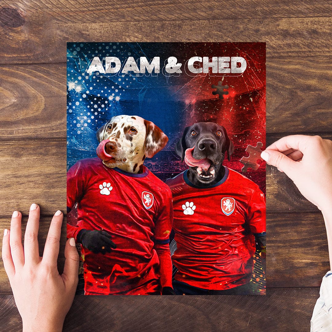 Personalized 2 pet puzzle featuring a Dalmatian and black lab in red soccer jerseys, "Adam & Ched" text.