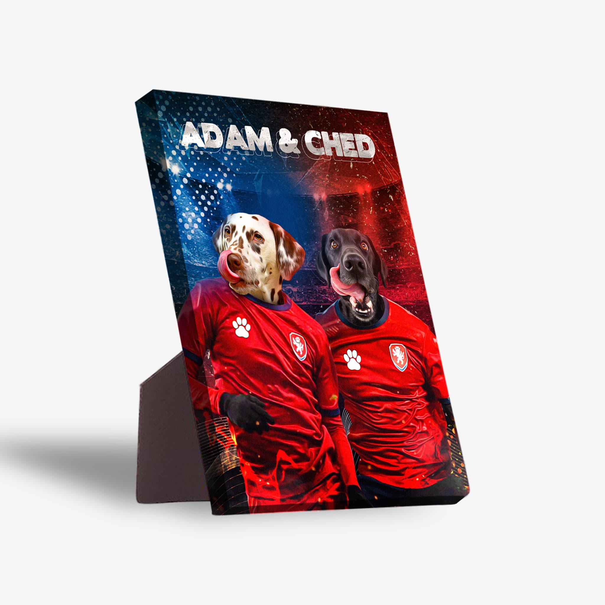 Personalized 'Czech Doggos' standing canvas featuring two pets in red soccer jerseys.