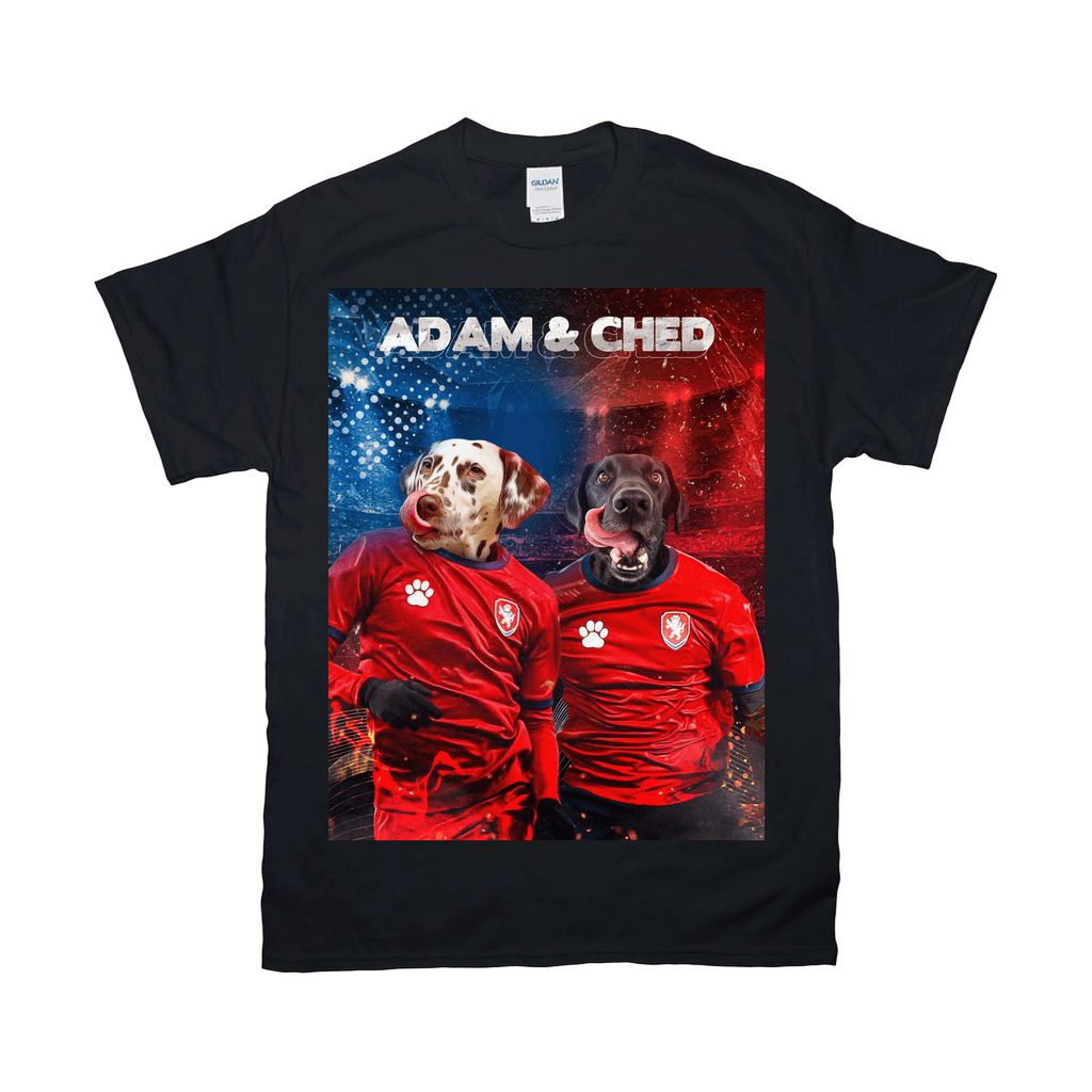 Black Gildan t-shirt with two personalized pet portraits of a Dalmatian and a black Labrador in red soccer jerseys.