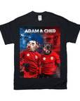 Black Gildan t-shirt with two personalized pet portraits of a Dalmatian and a black Labrador in red soccer jerseys.