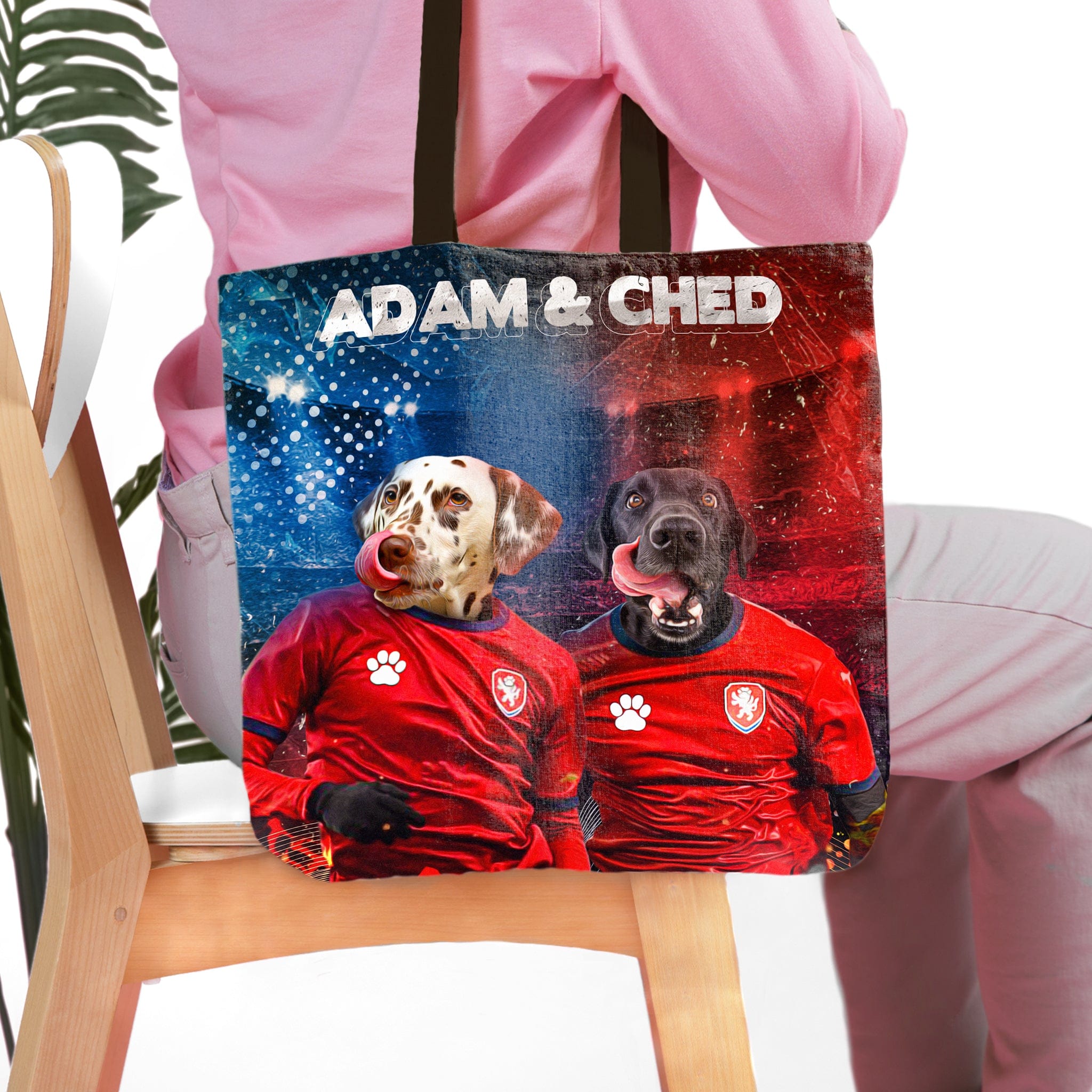 Personalized 'Czech Doggos' tote bag featuring custom pet portraits of a Dalmatian and a black lab in red jerseys.