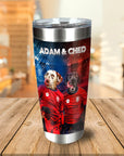 Personalized stainless steel tumbler with two dogs in red soccer jerseys, "Adam & Ched" text.