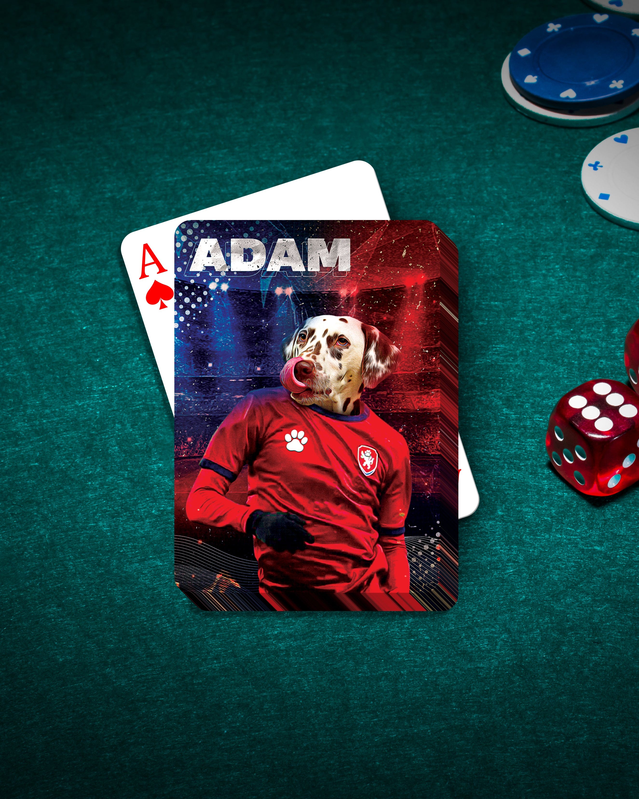 Personalized playing card featuring a Dalmatian dog in a red soccer uniform, on a green felt table with poker chips and dice.