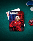 Personalized playing card featuring a Dalmatian dog in a red soccer uniform, on a green felt table with poker chips and dice.