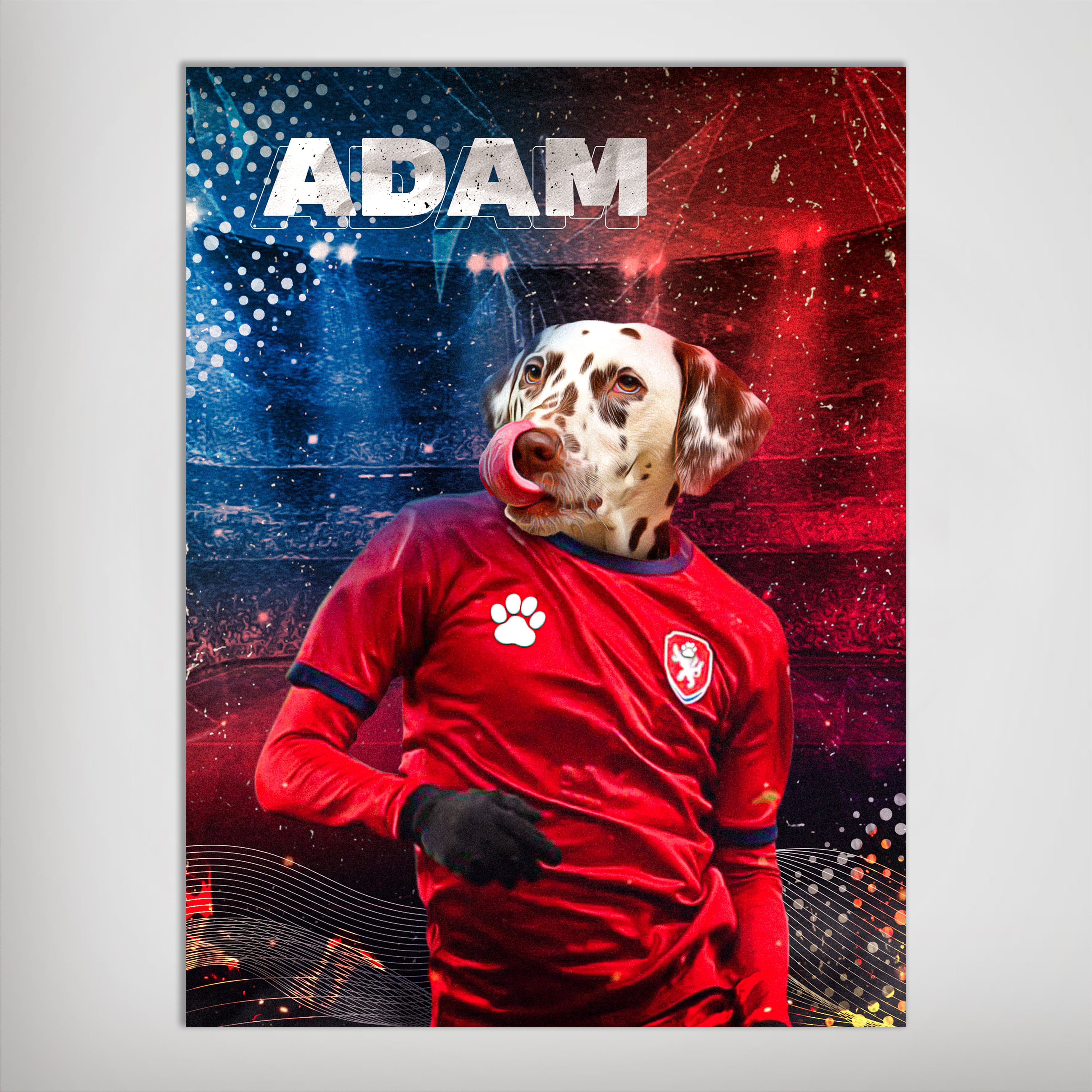 Personalized 'Czech Doggos Soccer' poster featuring a Dalmatian in a red jersey, licking its nose.