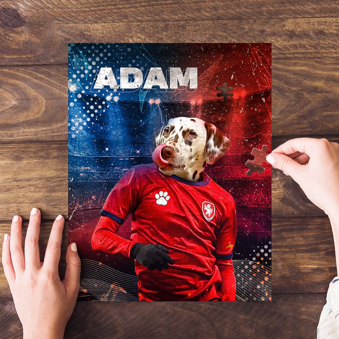 Personalized Czech Doggos Soccer pet puzzle featuring a Dalmatian in a red jersey.