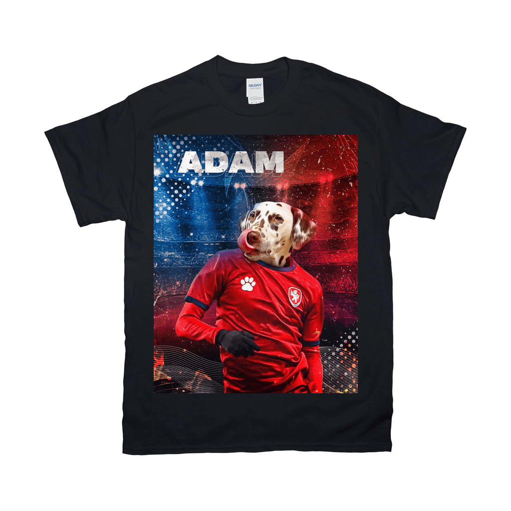 Black Gildan t-shirt with a Dalmatian in a red soccer jersey, "ADAM" text, and a Czech flag background.