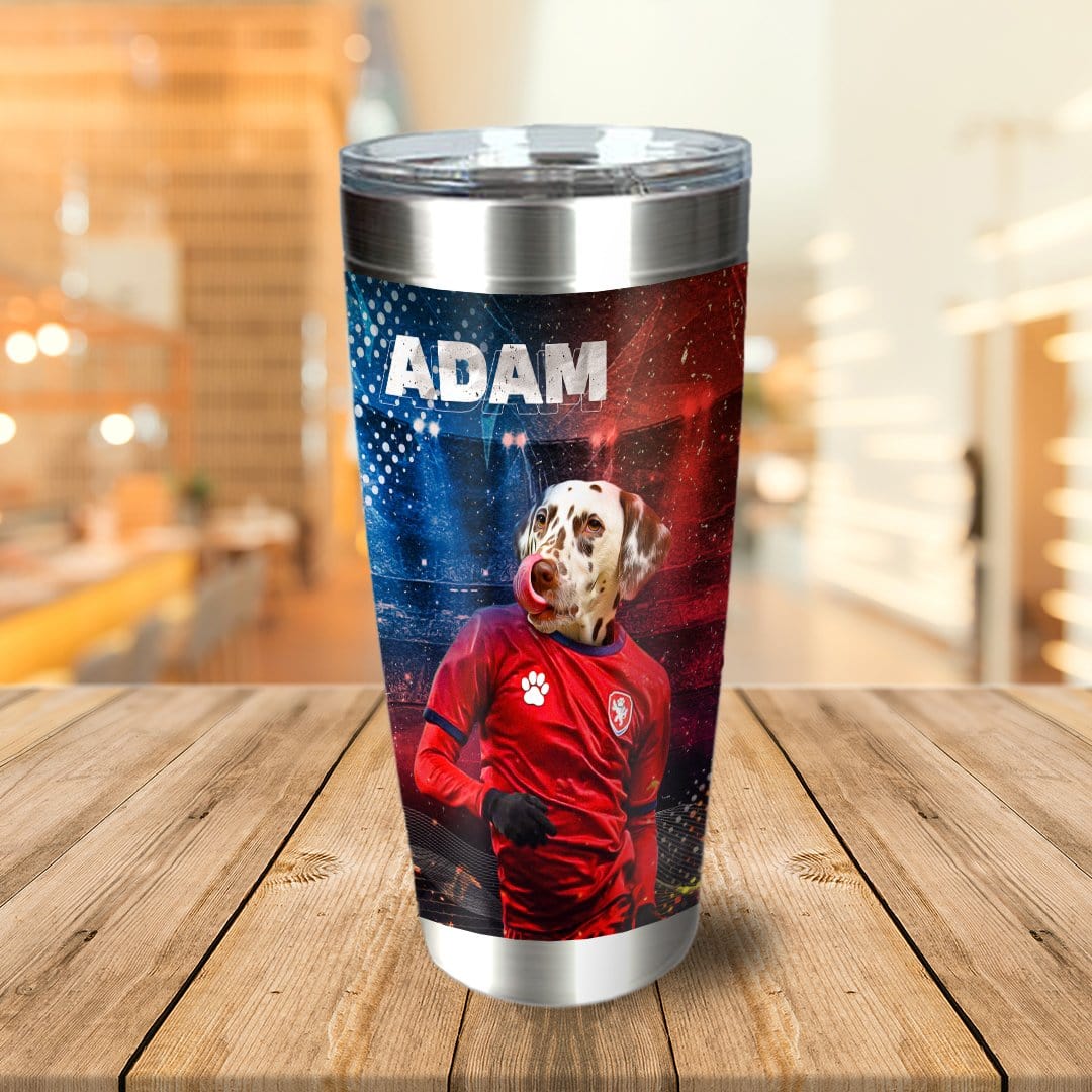 Personalized stainless steel tumbler with a custom Dalmatian pet portrait in a red soccer uniform.
