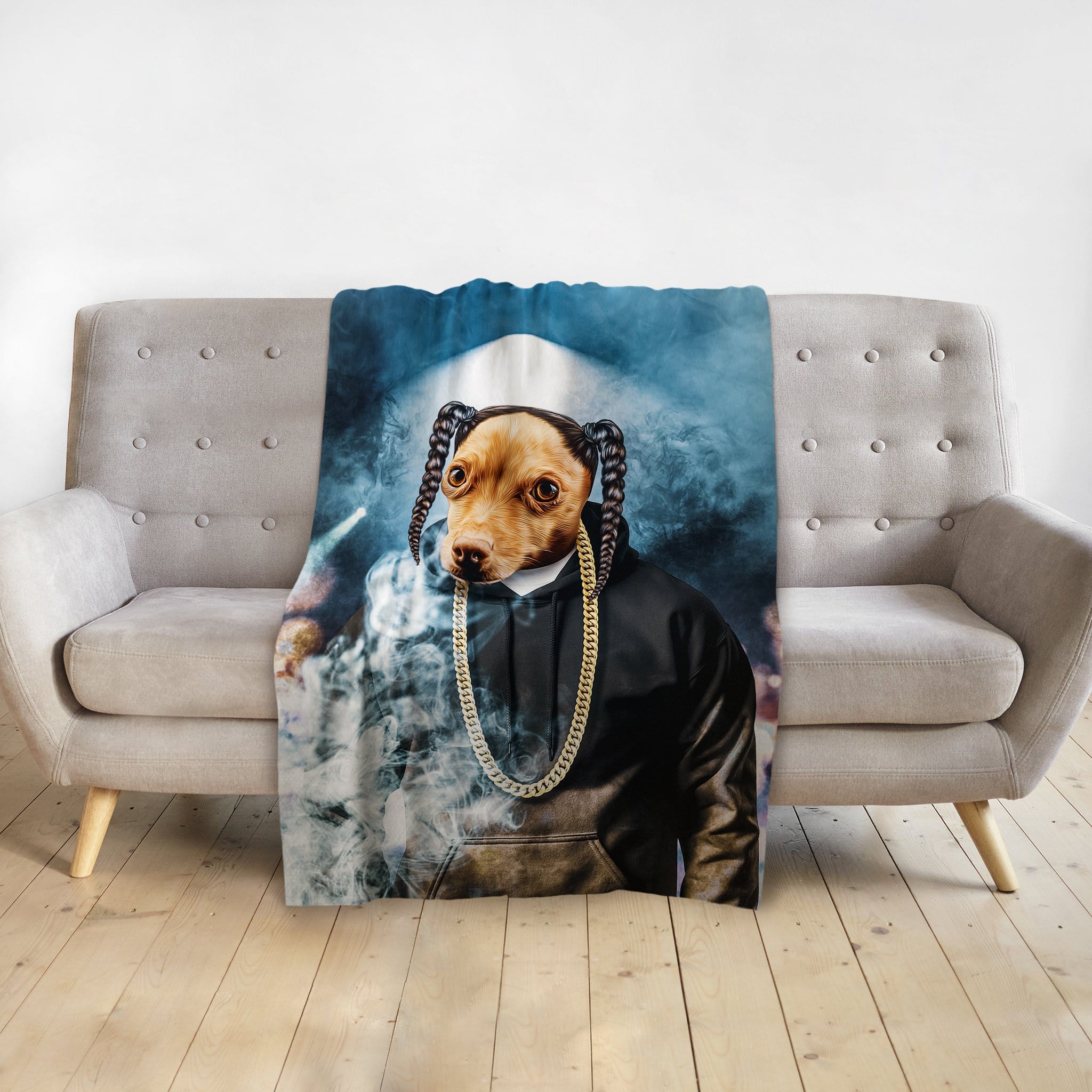 Personalized pet blanket featuring a dog in a black hoodie, gold chain, and braids, against a smoky blue background.