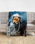 Personalized pet blanket featuring a dog in a black hoodie, gold chain, and braids, against a smoky blue background.